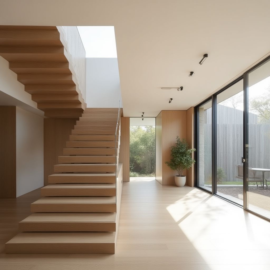 Intérieur minimaliste avec escalier flottant